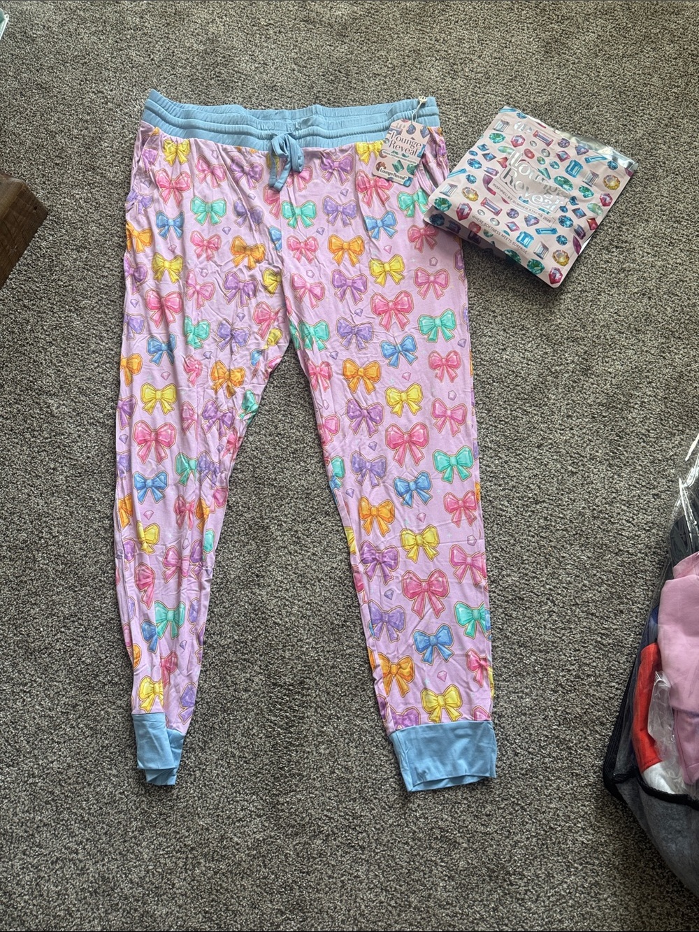 Bomb Party Summer Loungewear Pink Bow-Print Pajama Pants with Light Blue Trim